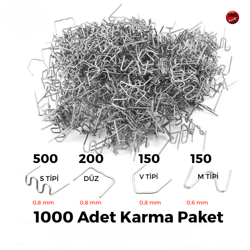 1000 Adet Karma Paket – S, Düz, V, M Tipi Plastik Tamir Teli