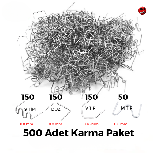 500 Adet Karma Paket – S, Düz, V, M Tipi Plastik Tamir Teli
